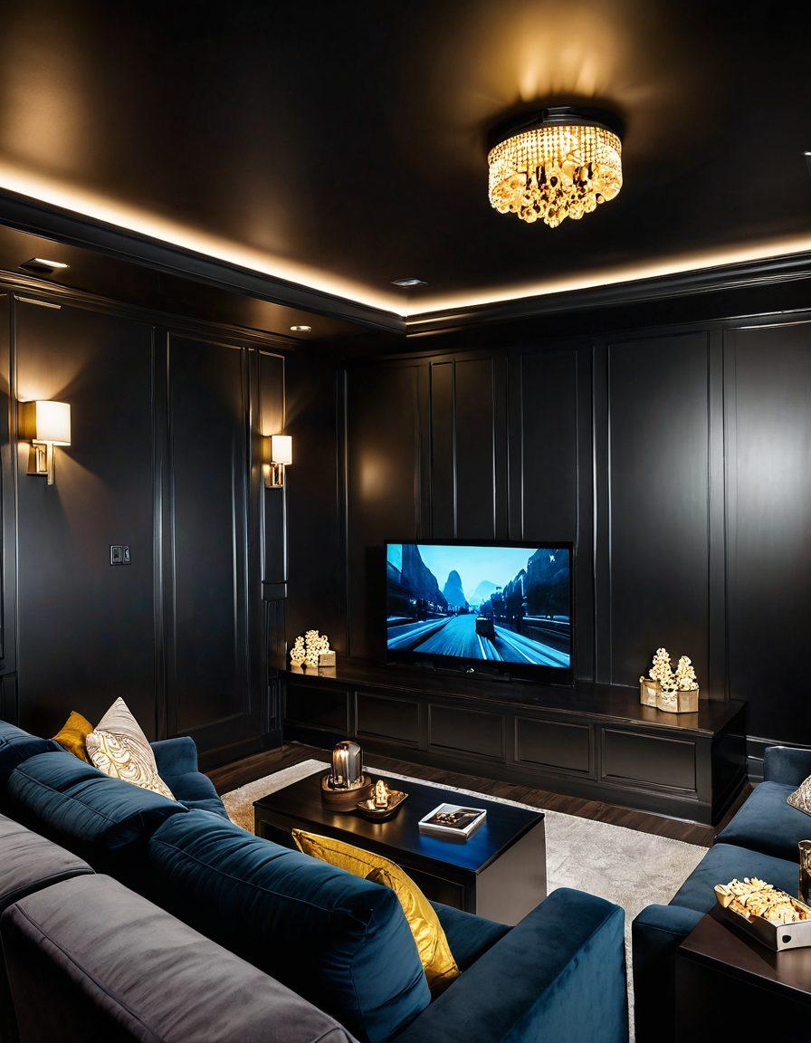 A stylish, sophisticated home theater with a large 4K television displaying high-definition ebony adult videos. Include a cozy atmosphere with dim lighting, modern furniture, and a popcorn bowl on the side table. The screen could feature a 'play' icon illustrating a video in progress. super-realistic. vibrant colors. modern aesthetics.