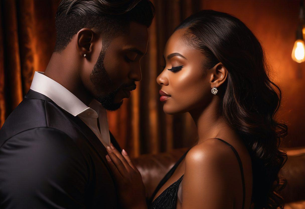 A sultry, intimate setting with soft, ambient lighting casting a warm glow. A sensual, diverse couple with rich, dark skin tones sharing a passionate moment. Intricate, luxurious textures like silk and velvet in dark hues. Suggestive, but tasteful and artistic. super-realistic. vibrant colors. moody lighting.